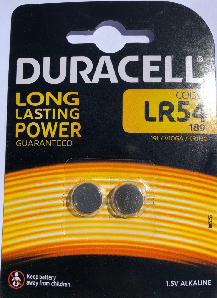 Vendita LR54/2 Duracell, Blister 2 pile Alcalina LR54. Equivalente: AG10,  V10GA, G10A, 10GA, 189, GP189, LR1130, L11 Duracell - LR54/2